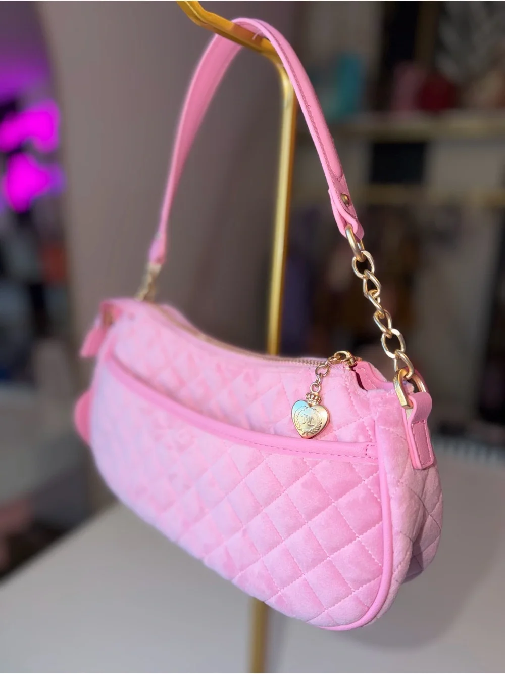 Juicy Couture Pink Velour Quilted Shoulder Bag w/ Heart Mirror & Key Charm gold